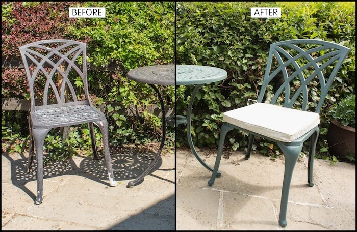 photo showing before and after spray painting metal furniture